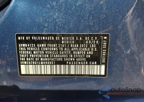 2020 Volkswagen Jetta 1.4T R-Line/1.4T S/1.4T Se из США, поврежденный, VIN 3VWC57BU1LM098851